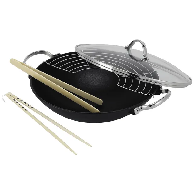 beka-lhasa-14300734-wok-en-fonte-noire-30-cm-avec-couvercle-en-verre-grille-et-b image 1