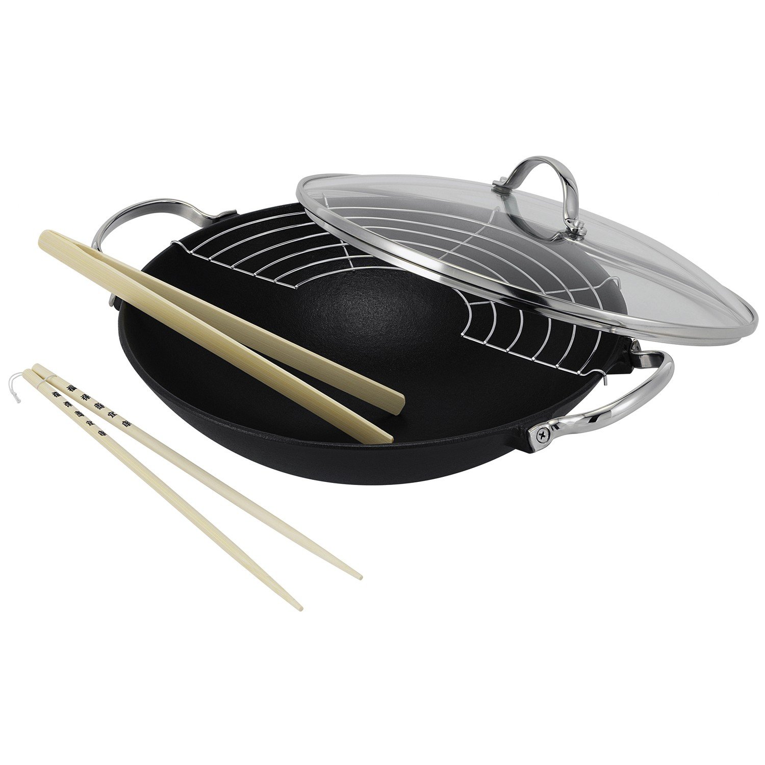 beka-lhasa-14300734-wok-en-fonte-noire-30-cm-avec-couvercle-en-verre-grille-et-b image 1