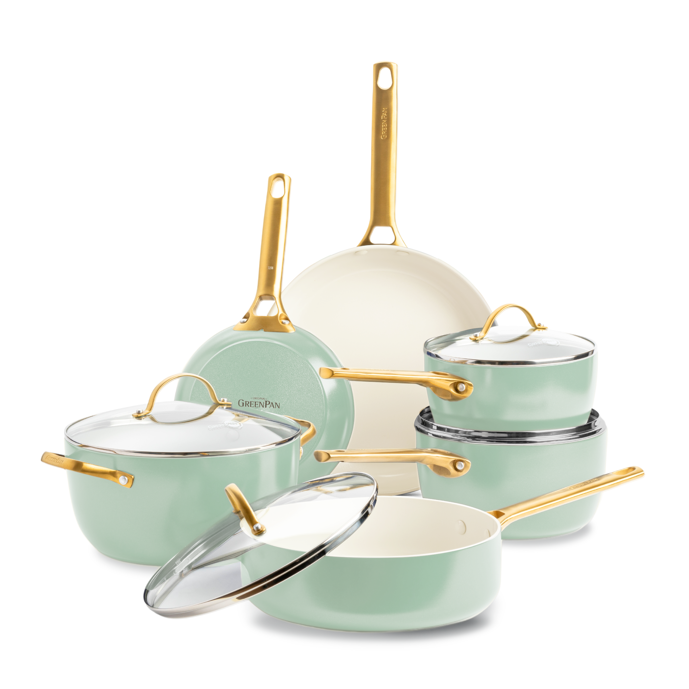 greenpan-padova-reserve-batterie-de-cuisine-10-pi-ces-vert-menthe-poign-es-dor-e image 1